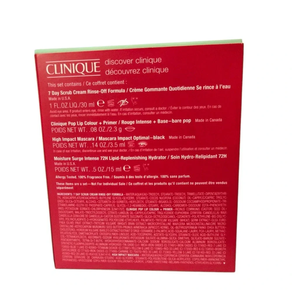 NIB Clinique 4 Pc.‎ Clinique Discovery Kit Mascara Lipstick Moisturizer Scrub